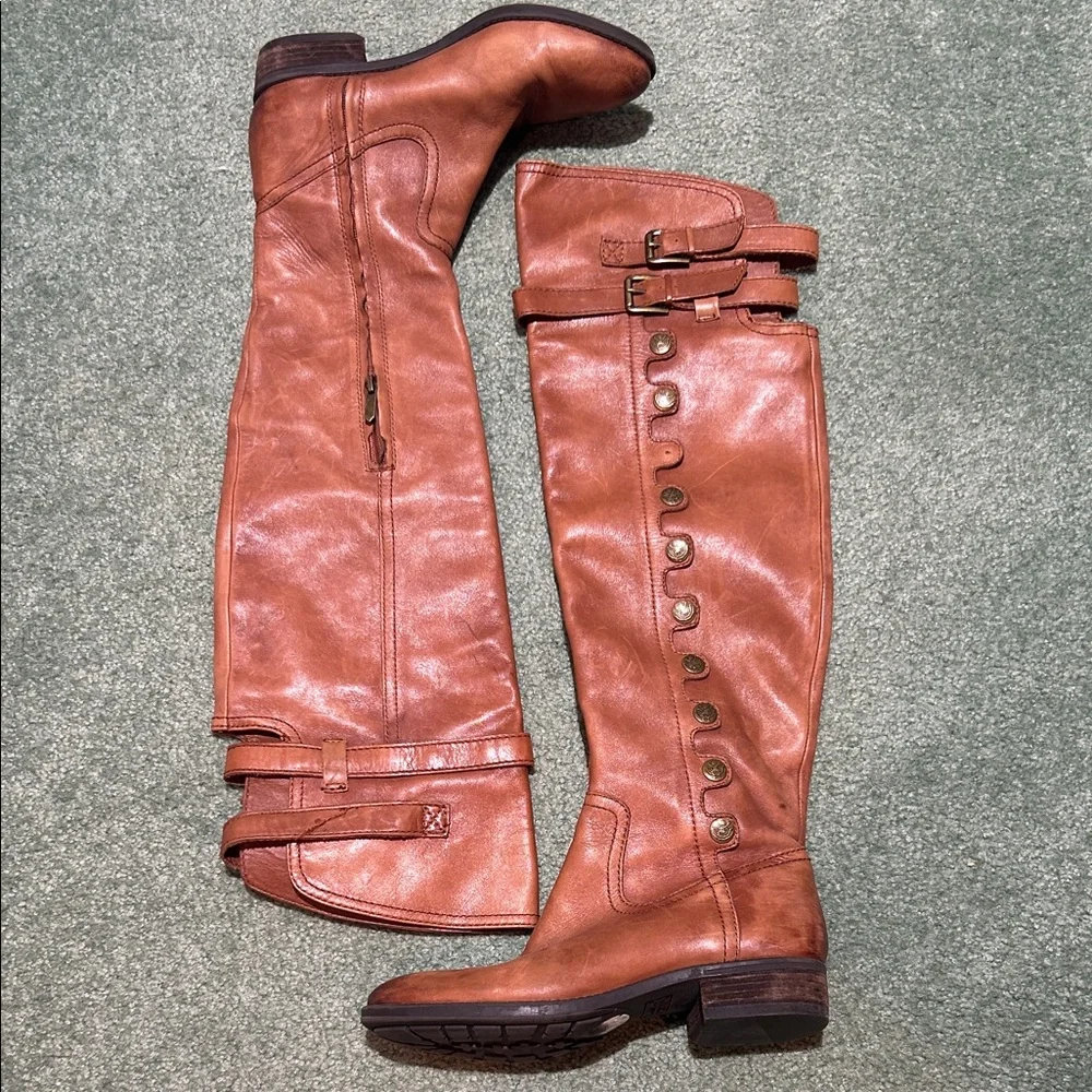 Sam Edelman Pierce 2 Athletic Button-Accent Riding Boots - Cognac Brown. Size 8